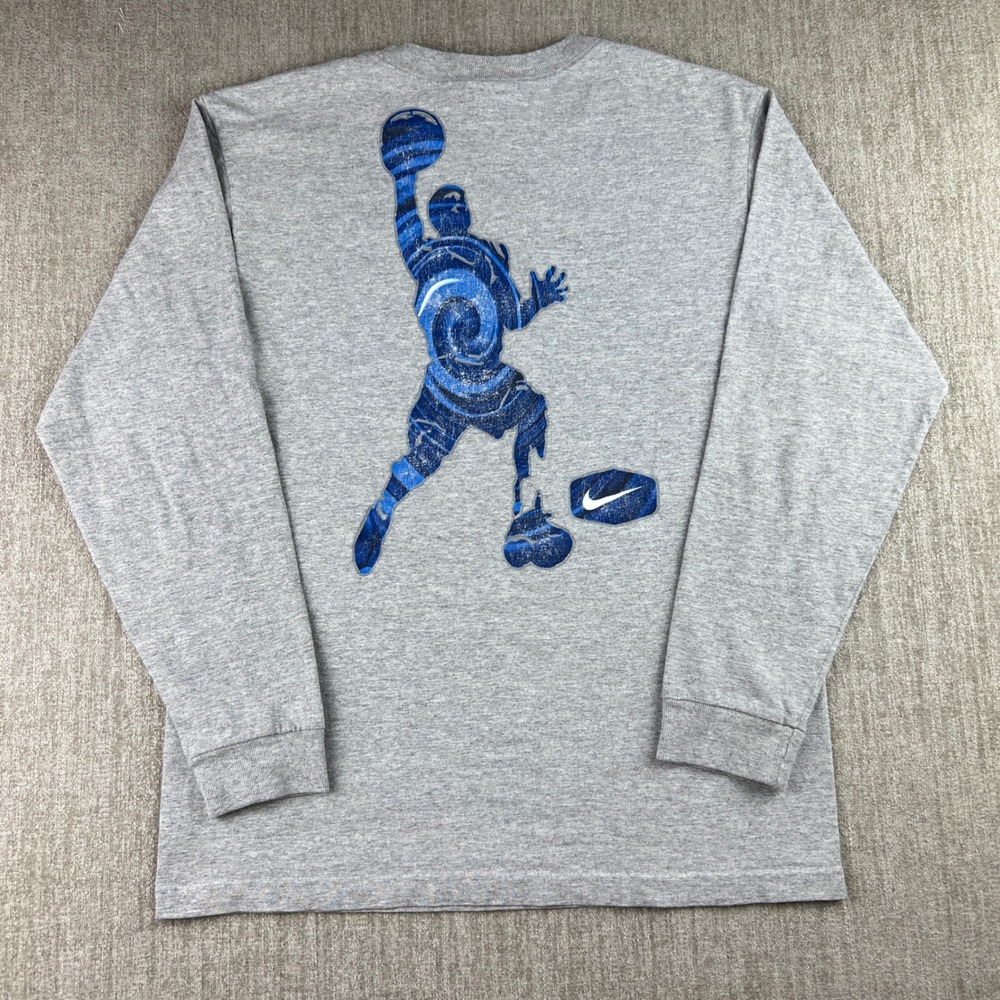 Y2K Nike Long Sleeve Shirt Kids L 14-16 Grey Basketball Blue Swirl Center Swoosh